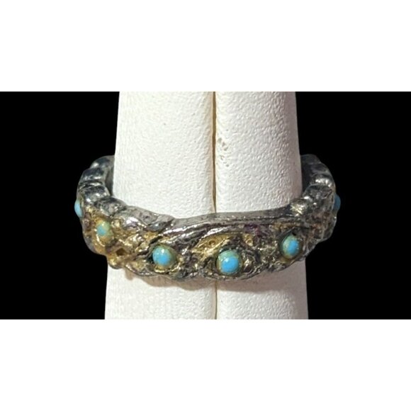 Vintage Whimsical Silver Tone Ring With Tiny Turquoise Accents - Picture 4 of 8